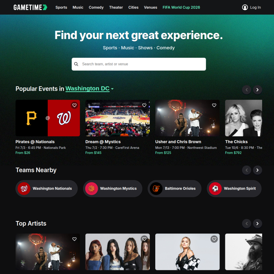 gametime.co homepage screenshot