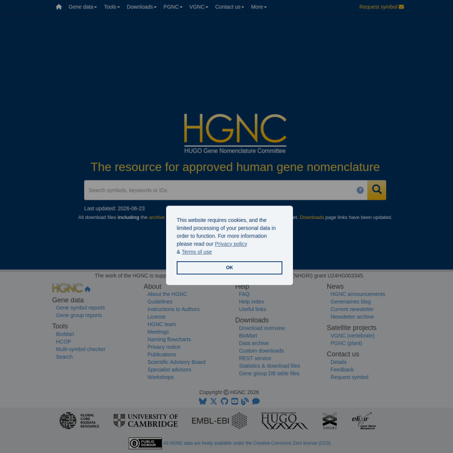 genenames.org homepage screenshot