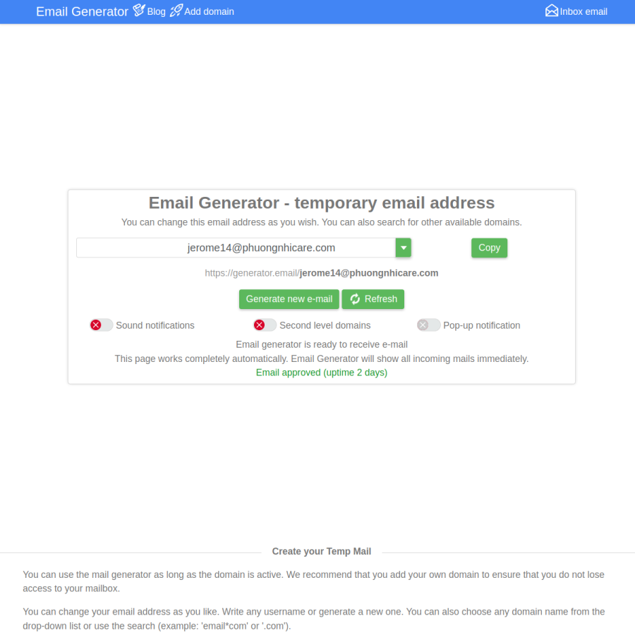 generator.email homepage screenshot