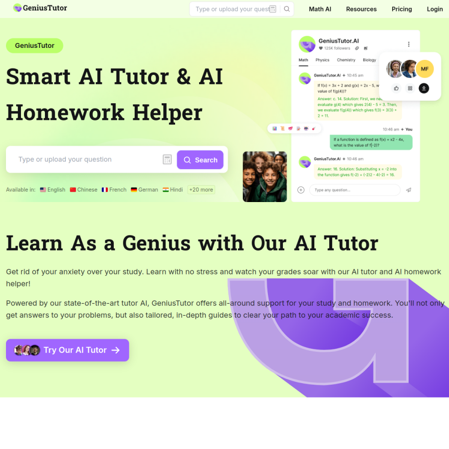 geniustutor.ai homepage screenshot