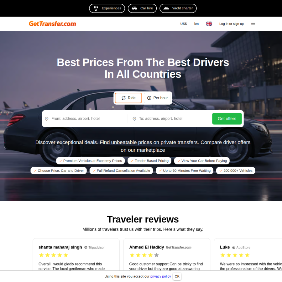 gettransfer.com homepage screenshot