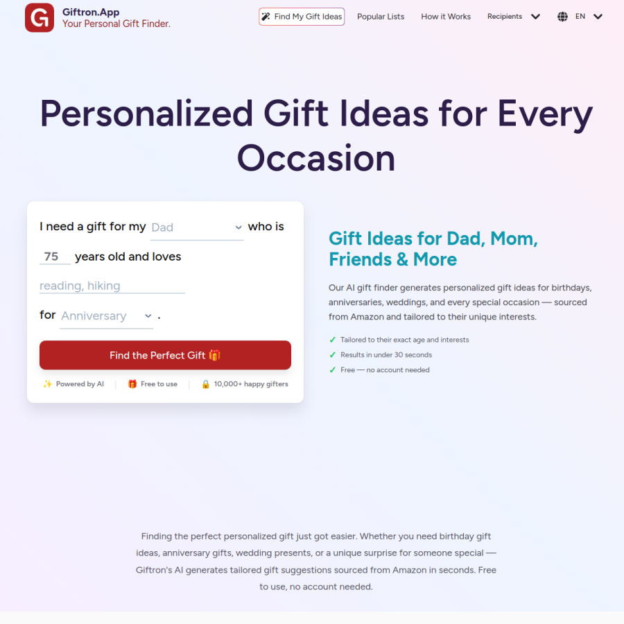 giftron.app homepage screenshot