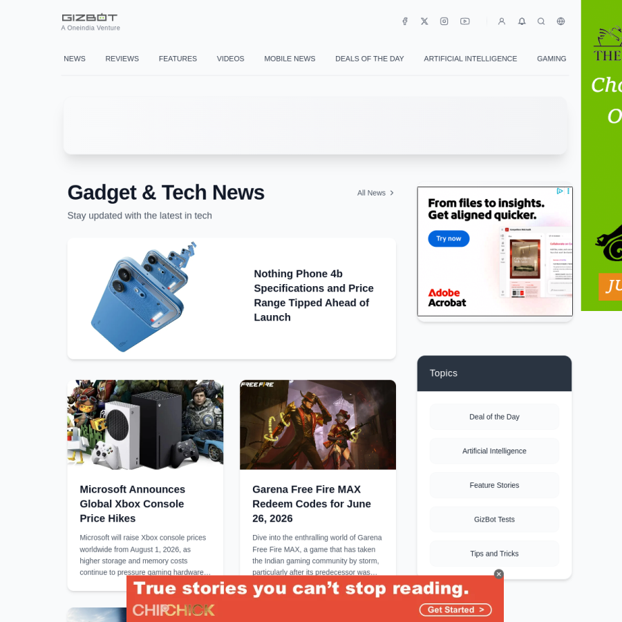 gizbot.com homepage screenshot