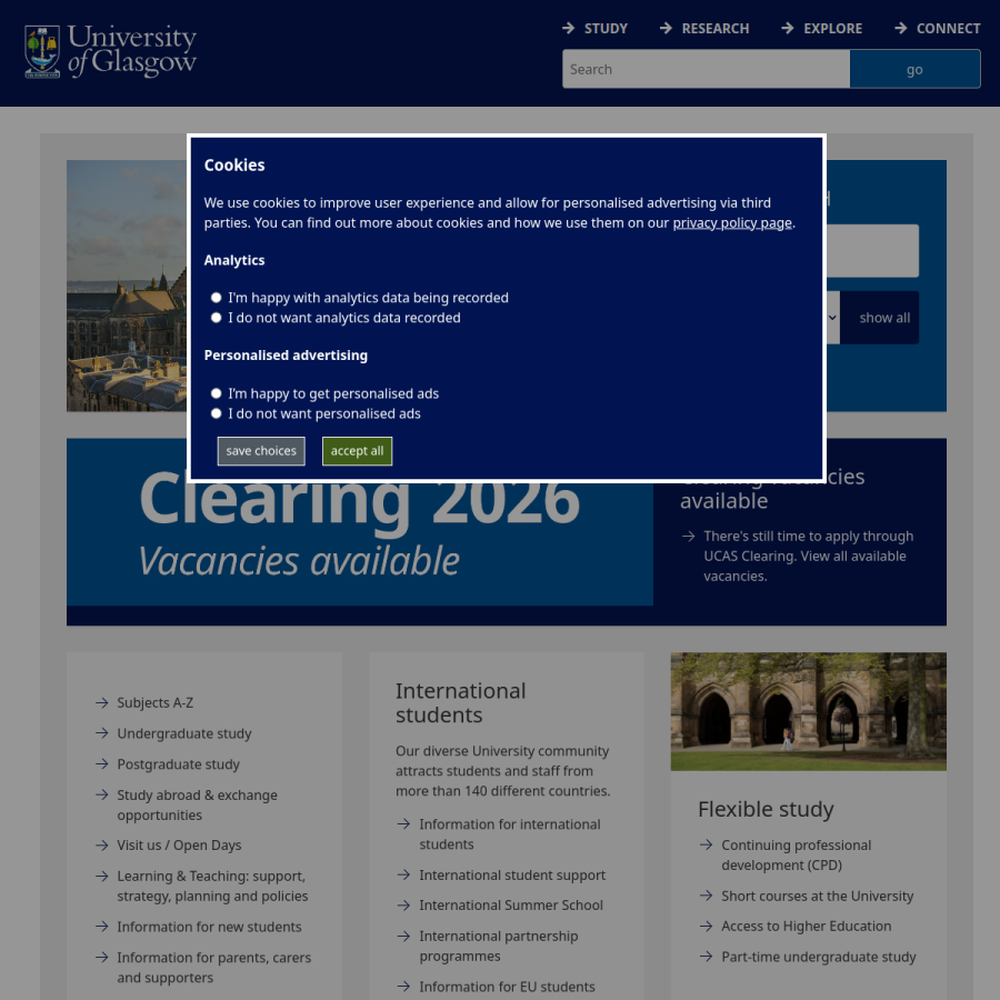 gla.ac.uk homepage screenshot