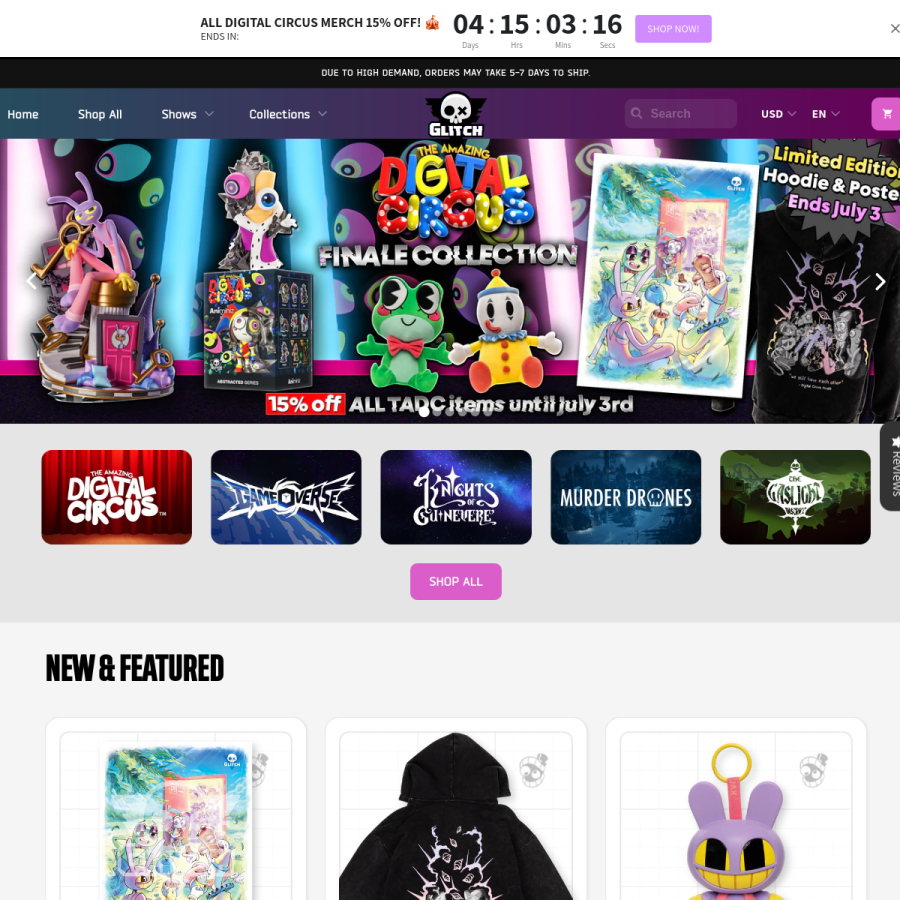 glitchproductions.store homepage screenshot
