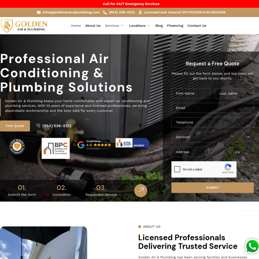 goldenairandplumbing.com homepage screenshot