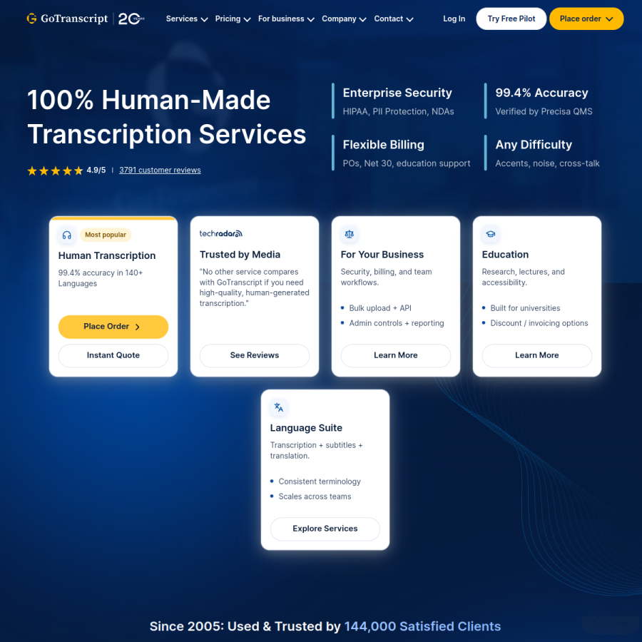 gotranscript.com homepage screenshot