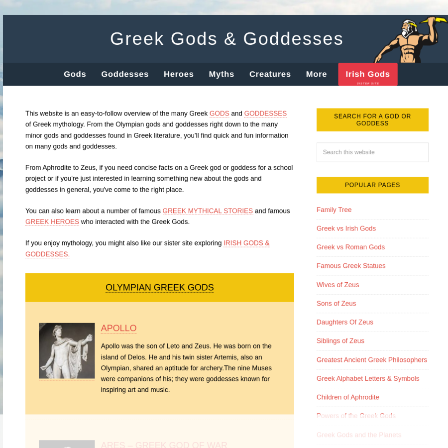 greekgodsandgoddesses.net homepage screenshot