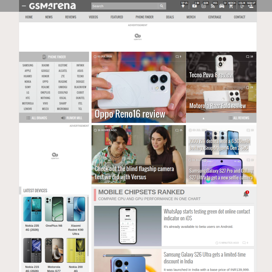 gsmarena.com homepage screenshot