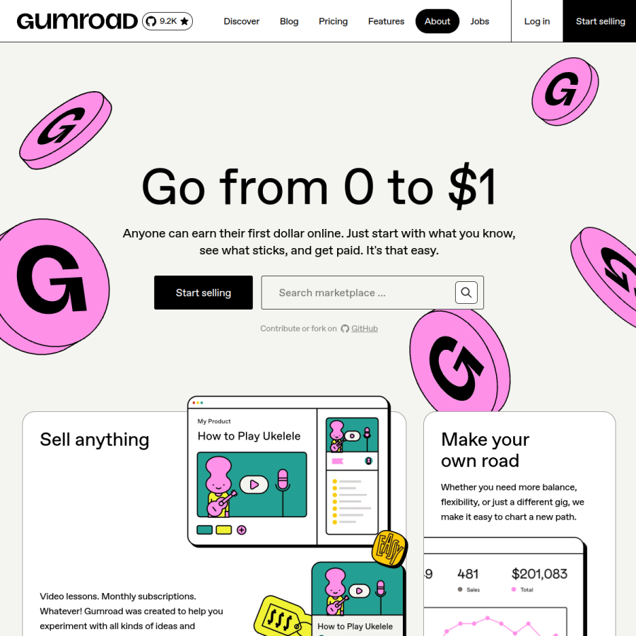 gumroad.com homepage screenshot