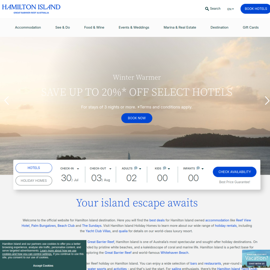 hamiltonisland.com.au homepage screenshot