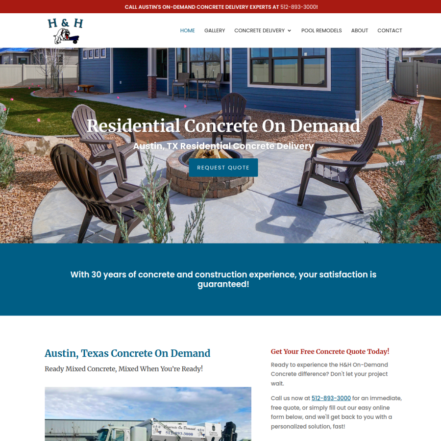 handhconcreteondemandatx.com homepage screenshot