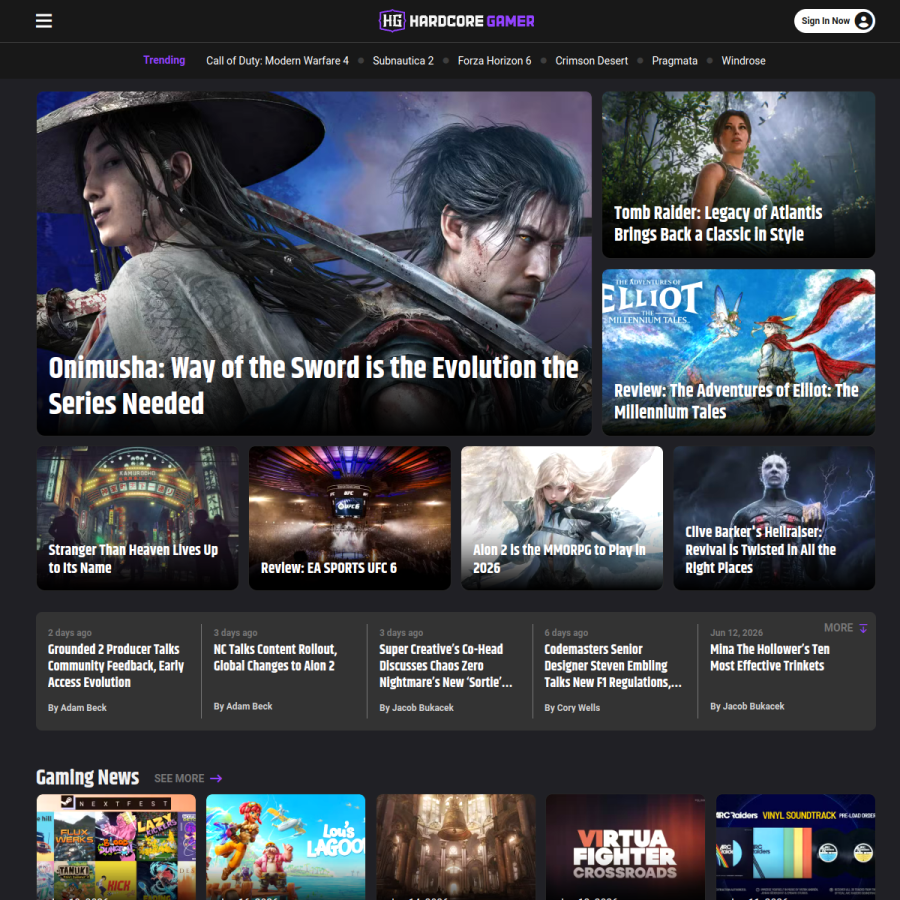 hardcoregamer.com homepage screenshot