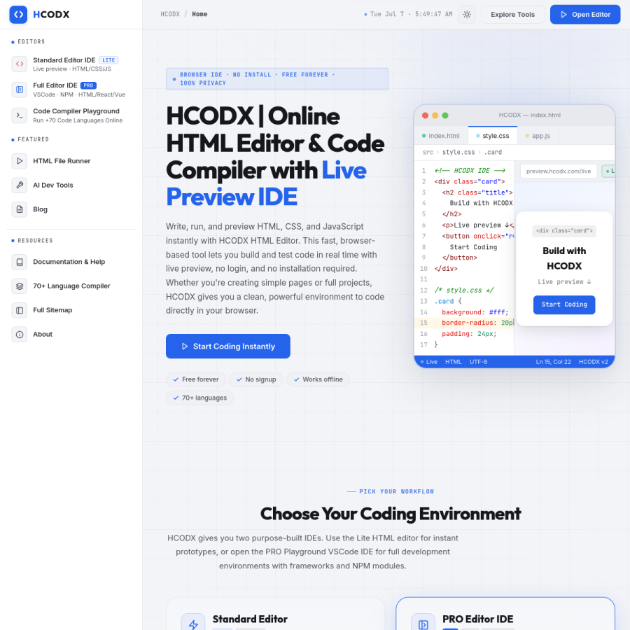 hcodx.com homepage screenshot