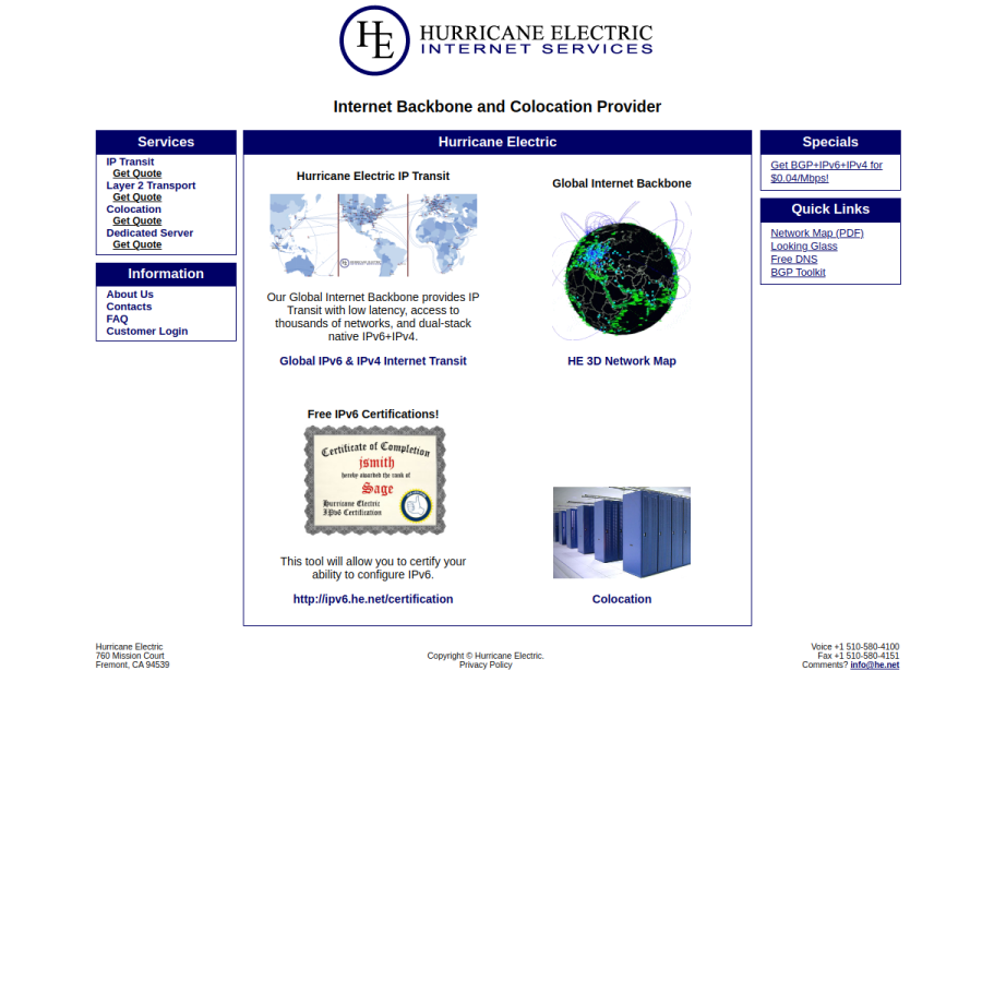 he.net homepage screenshot