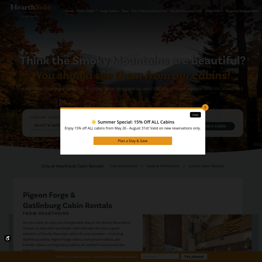 hearthsidecabinrentals.com homepage screenshot