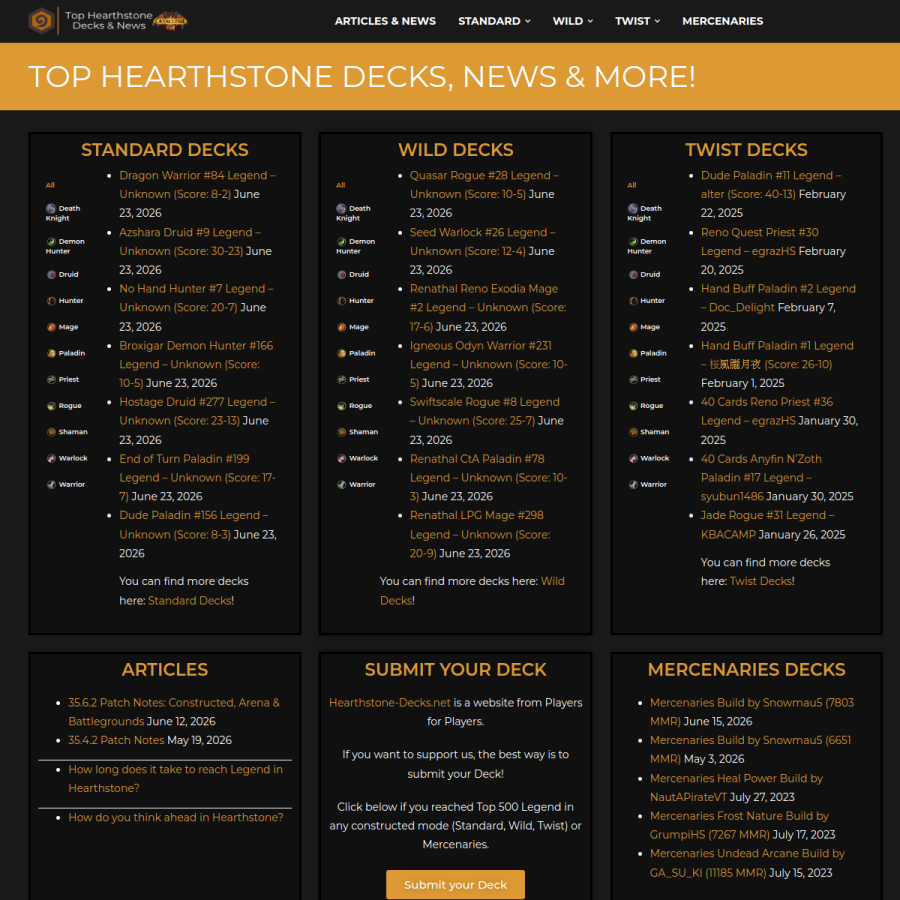 hearthstone-decks.net homepage screenshot