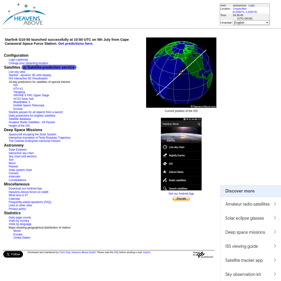 heavens-above.com homepage screenshot