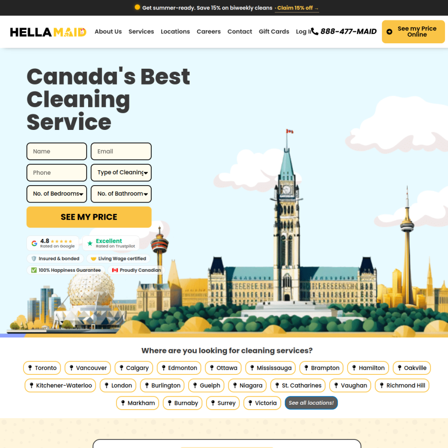 hellamaid.ca homepage screenshot
