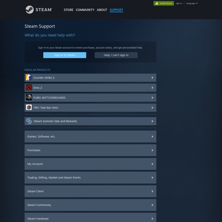 help.steampowered.com homepage screenshot