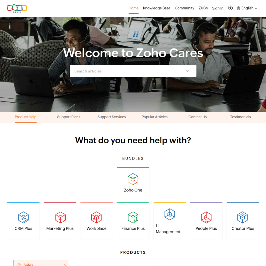 help.zoho.com homepage screenshot