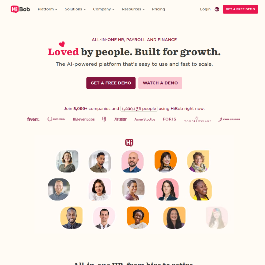 hibob.com homepage screenshot