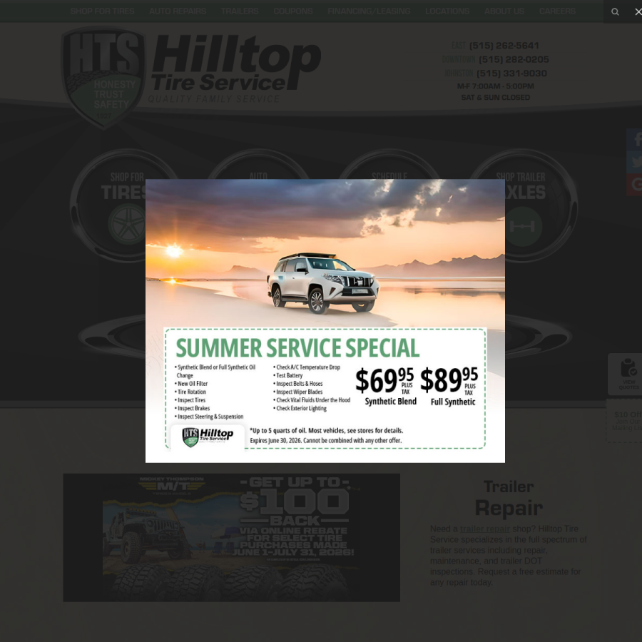 hilltoptireservice.com homepage screenshot