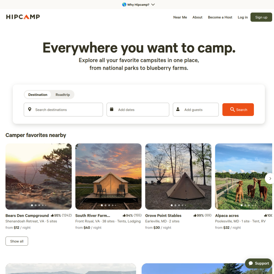 hipcamp.com homepage screenshot