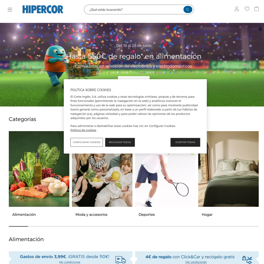 hipercor.es homepage screenshot