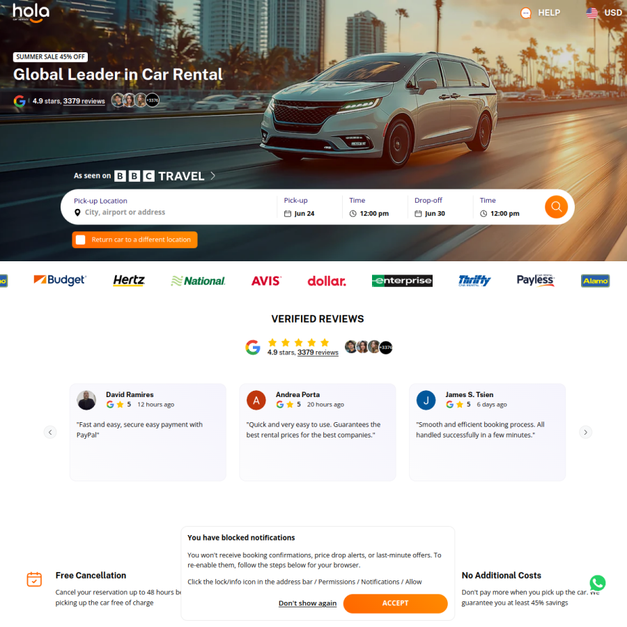 holacarrentals.com homepage screenshot
