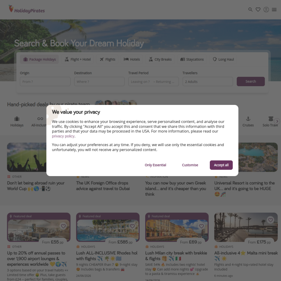 holidaypirates.com homepage screenshot
