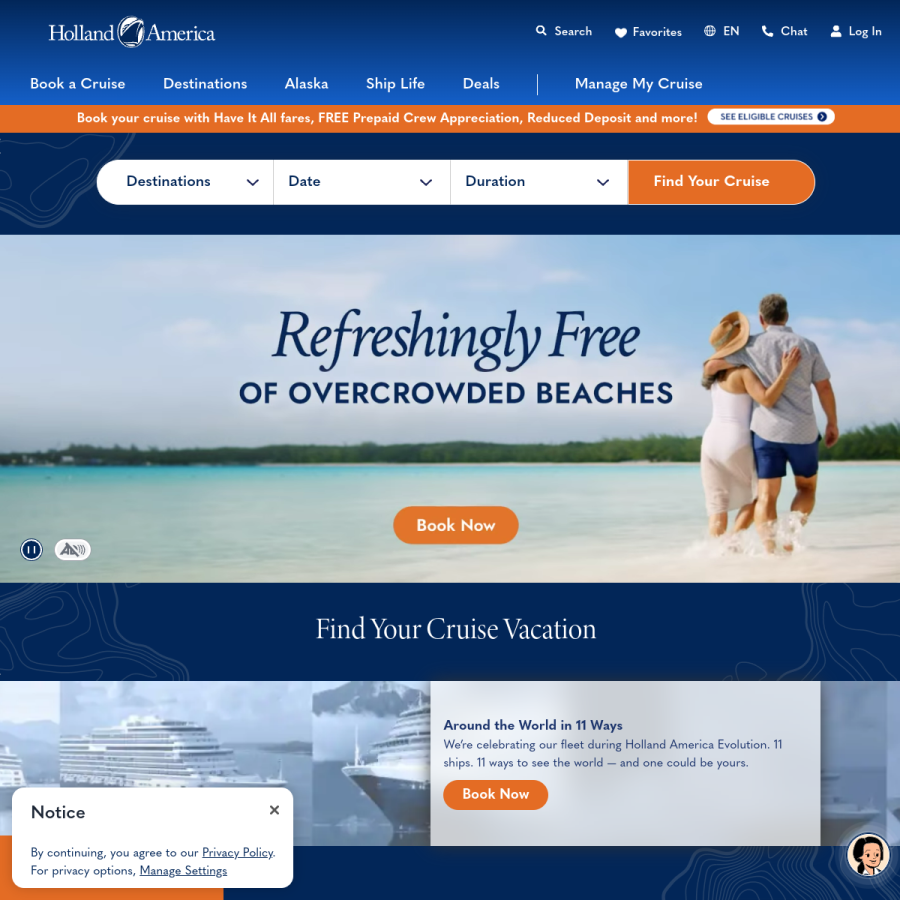 hollandamerica.com homepage screenshot