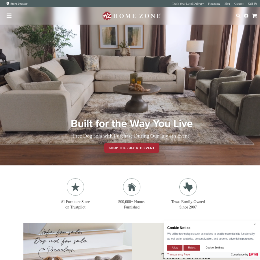 homezonefurniture.com homepage screenshot