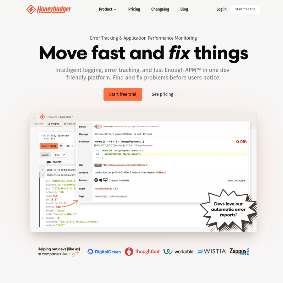 honeybadger.io homepage screenshot