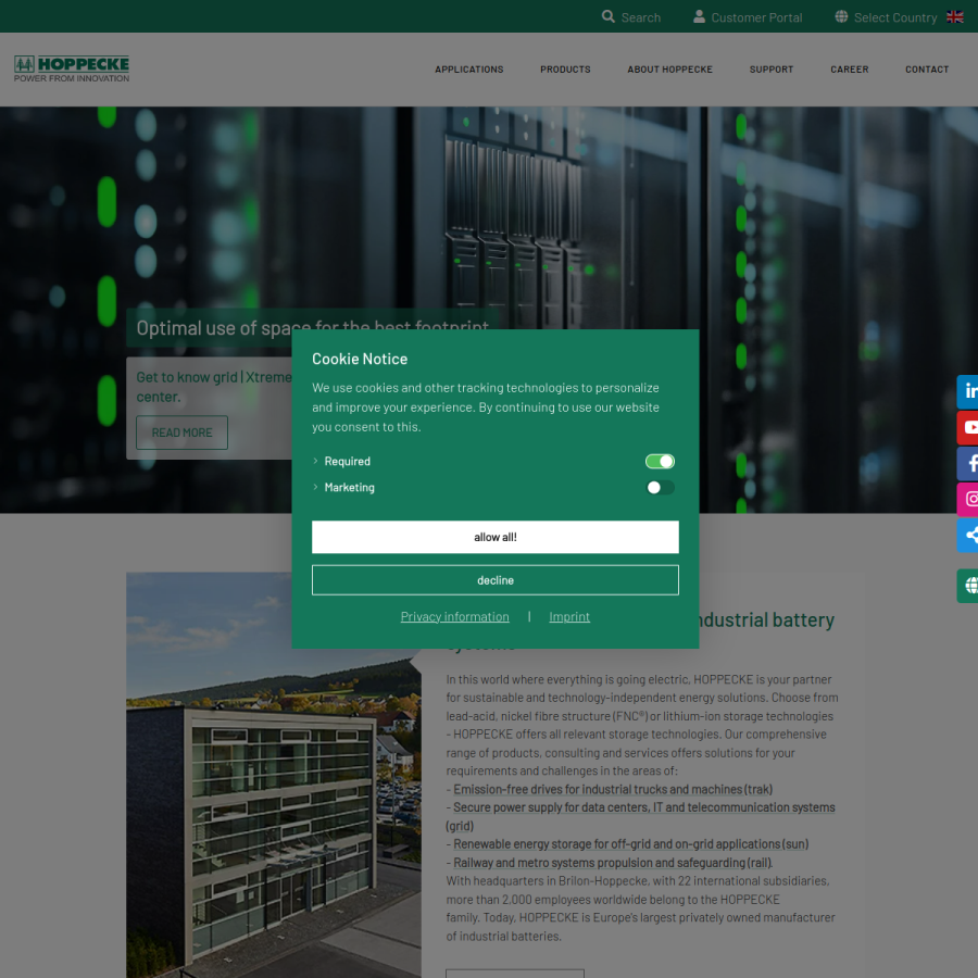 hoppecke.com homepage screenshot