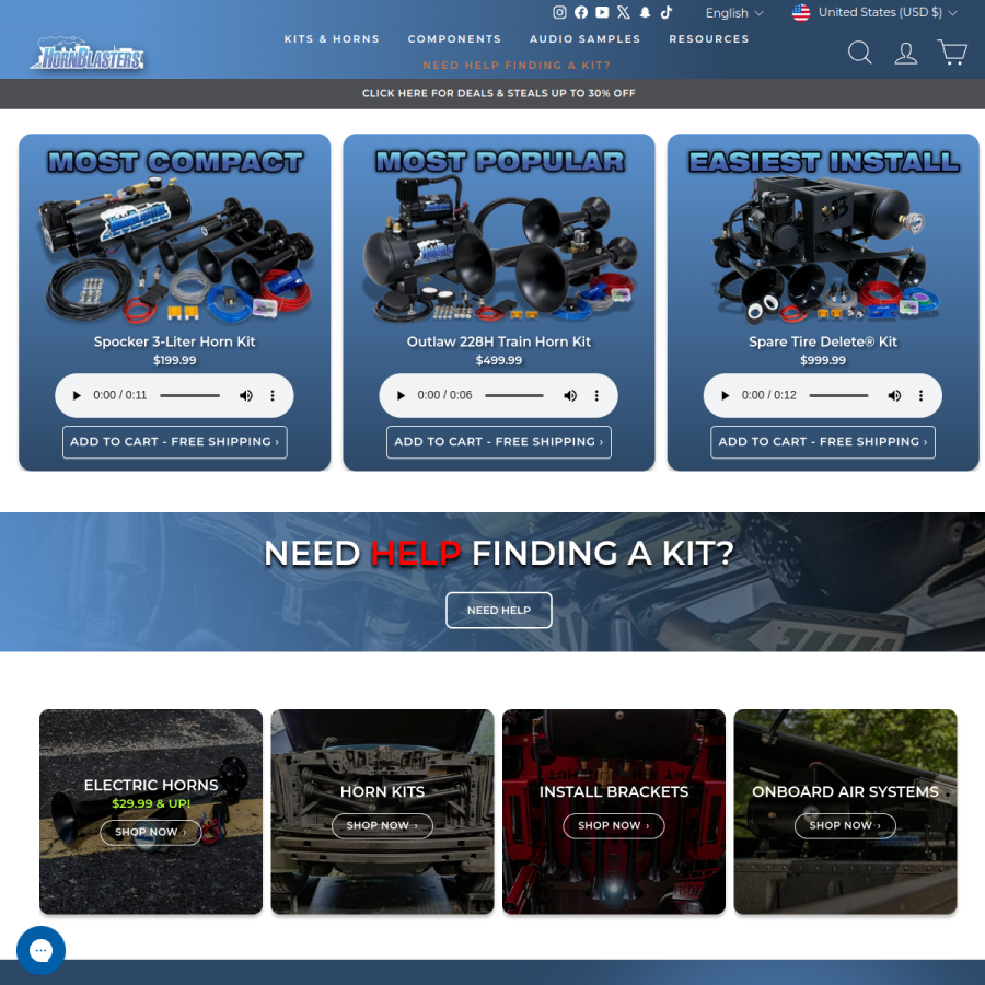hornblasters.com homepage screenshot