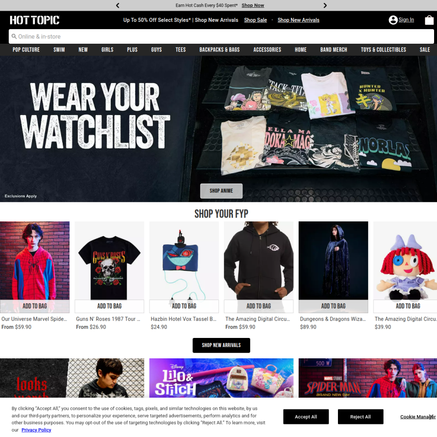 hottopic.com homepage screenshot