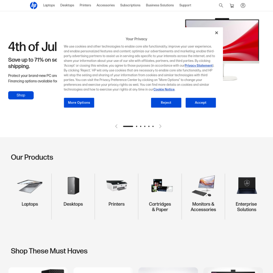 hp.com homepage screenshot