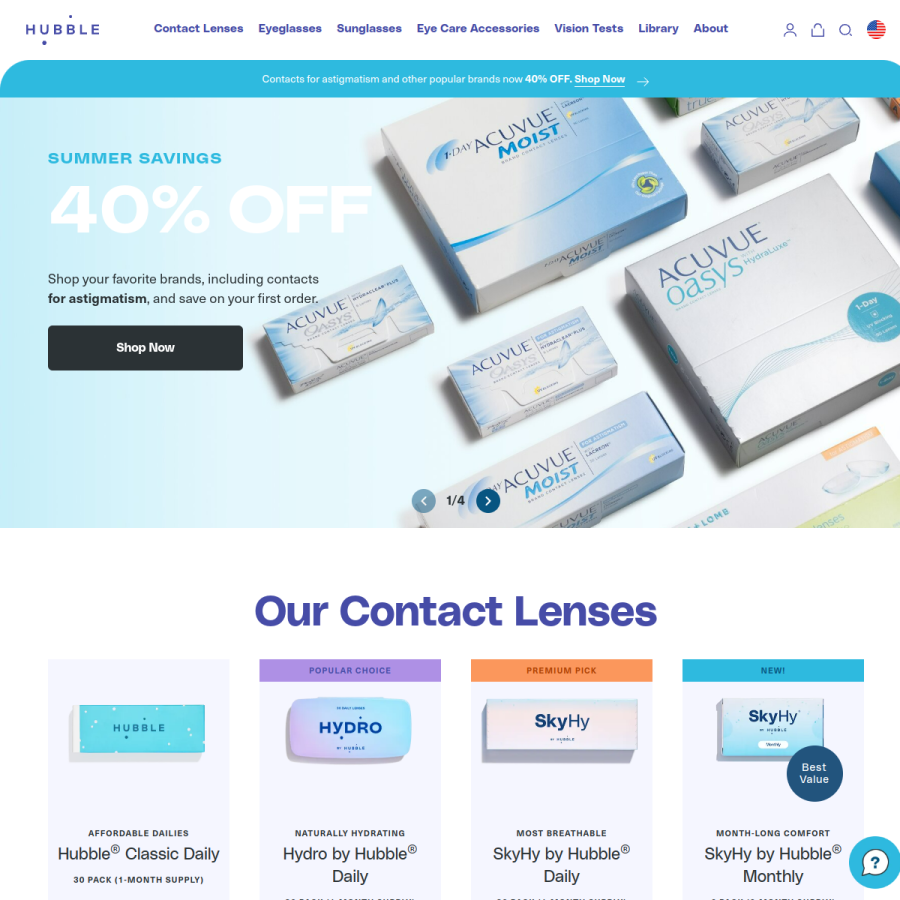 hubblecontacts.com homepage screenshot