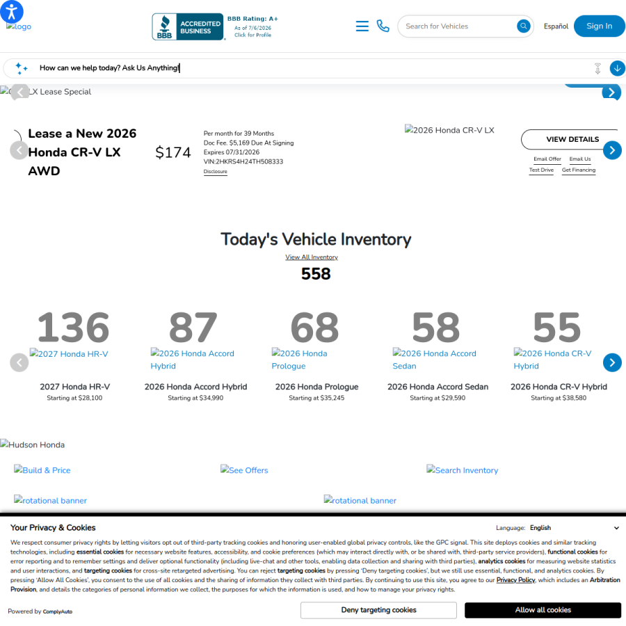 hudsonhonda.com homepage screenshot