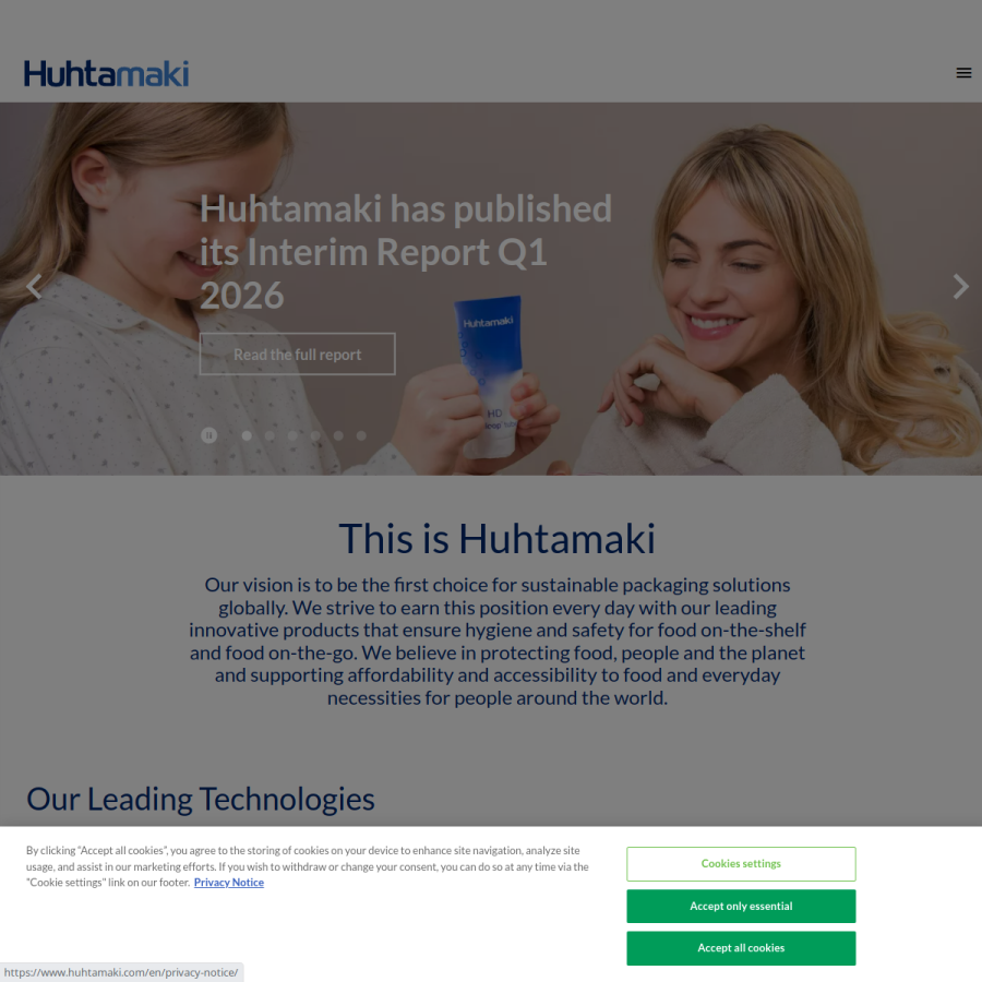 huhtamaki.com homepage screenshot