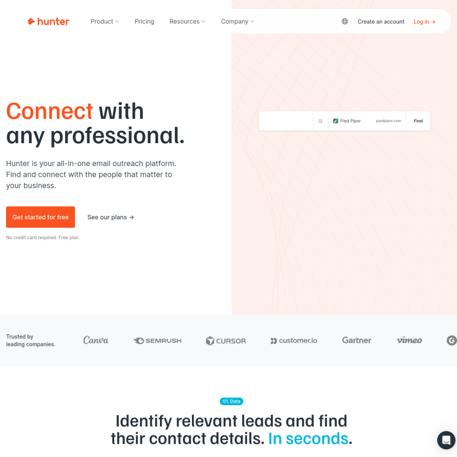 hunter.io homepage screenshot