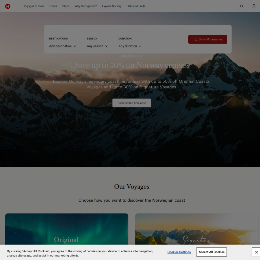 hurtigruten.com homepage screenshot