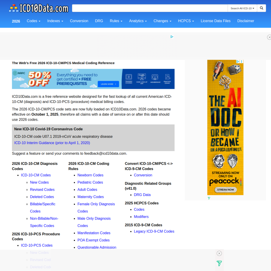icd10data.com homepage screenshot