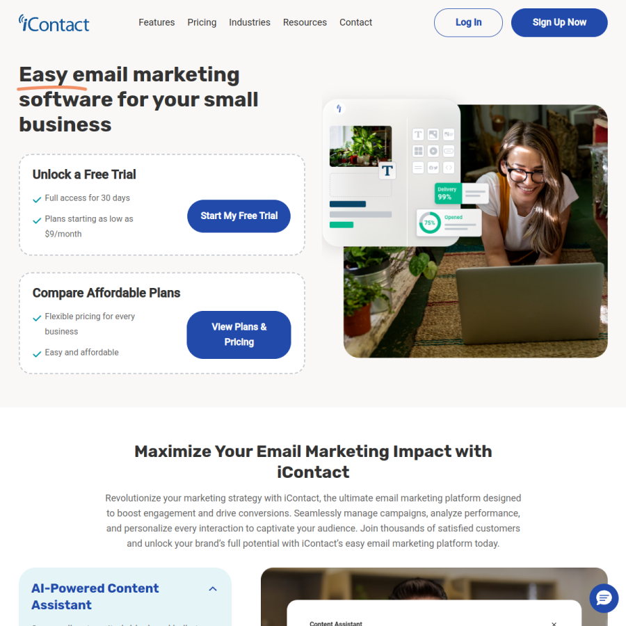 icontact.com homepage screenshot