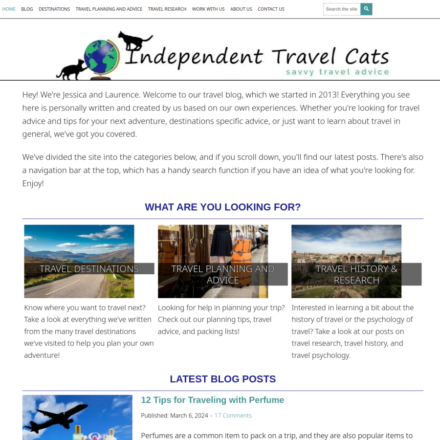 independenttravelcats.com homepage screenshot