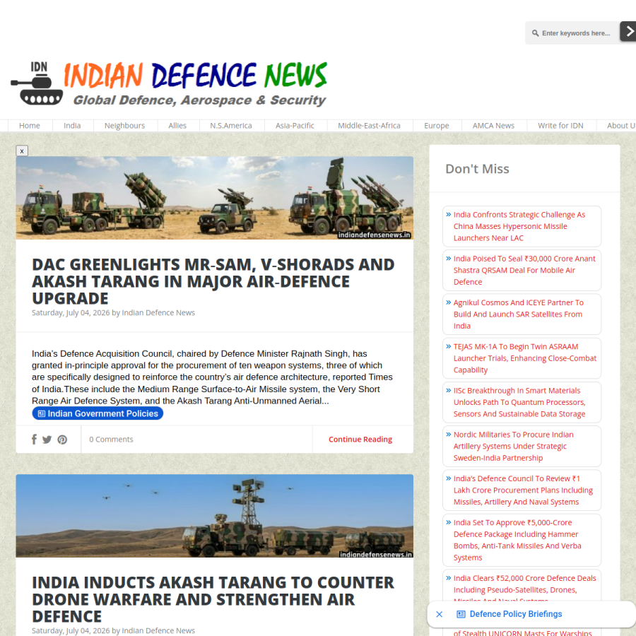 indiandefensenews.in homepage screenshot