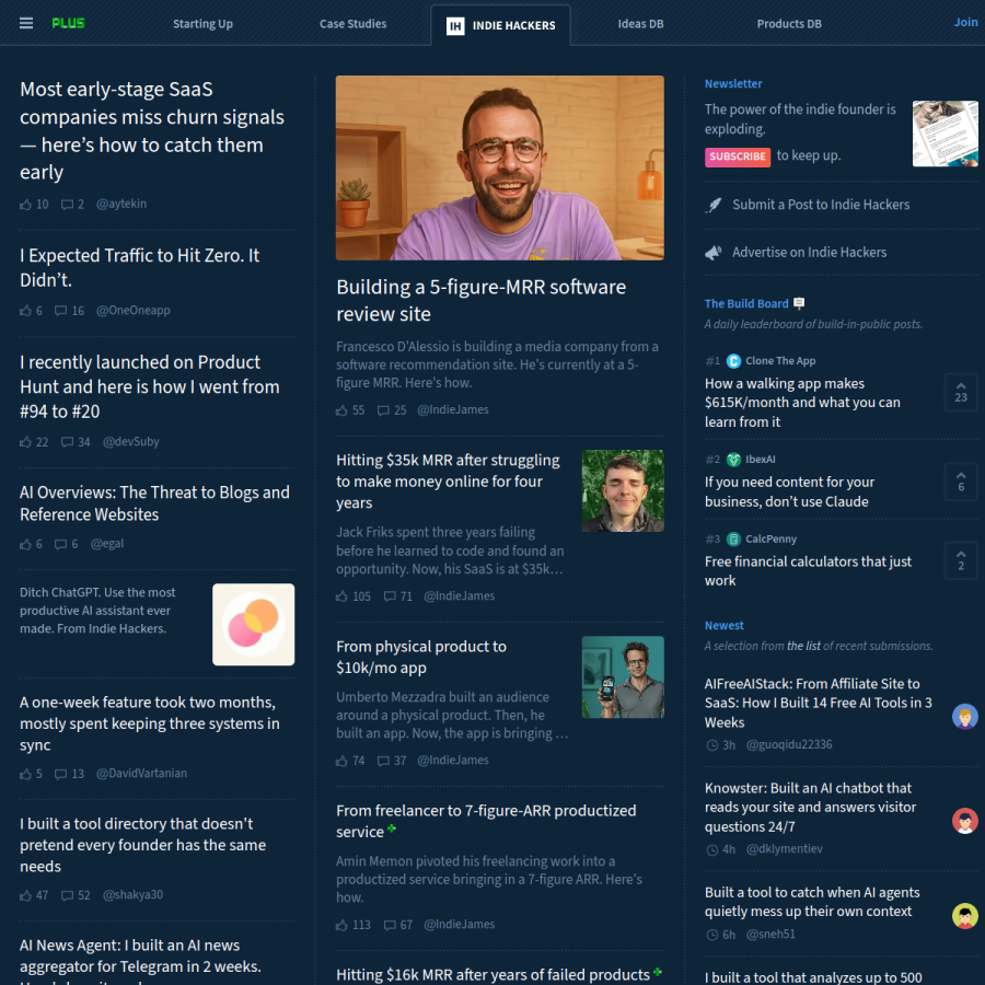indiehackers.com homepage screenshot
