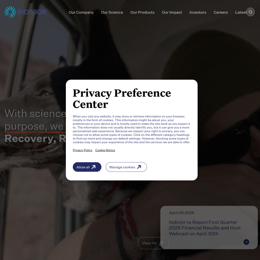 indivior.com homepage screenshot