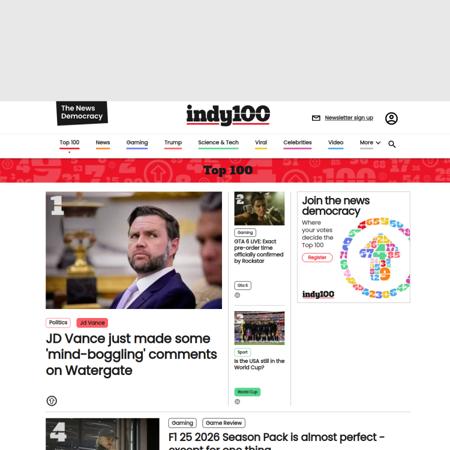 indy100.com homepage screenshot